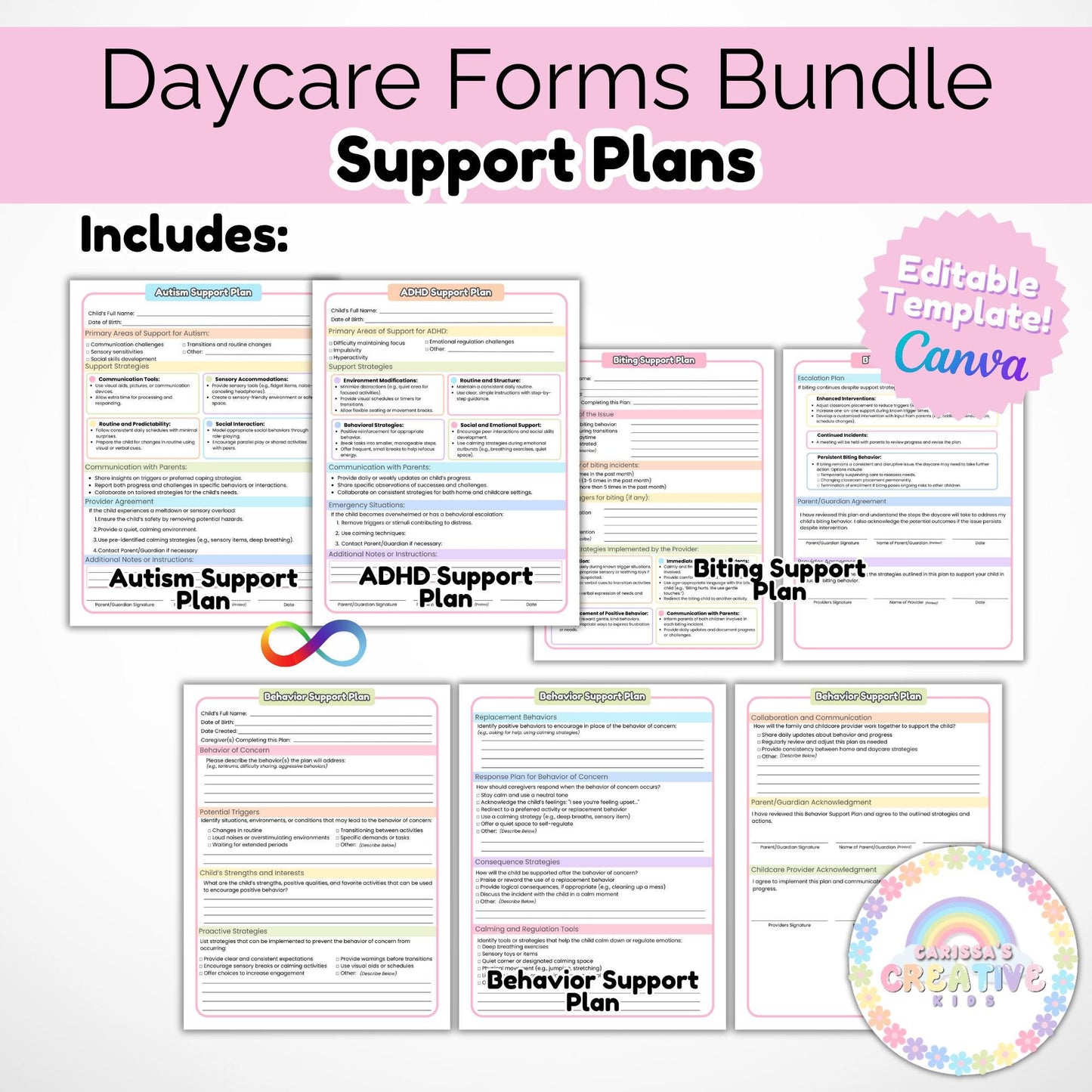 Daycare Support Forms Bundle | Biting, Behavior, ADHD, and Autism Support Plans