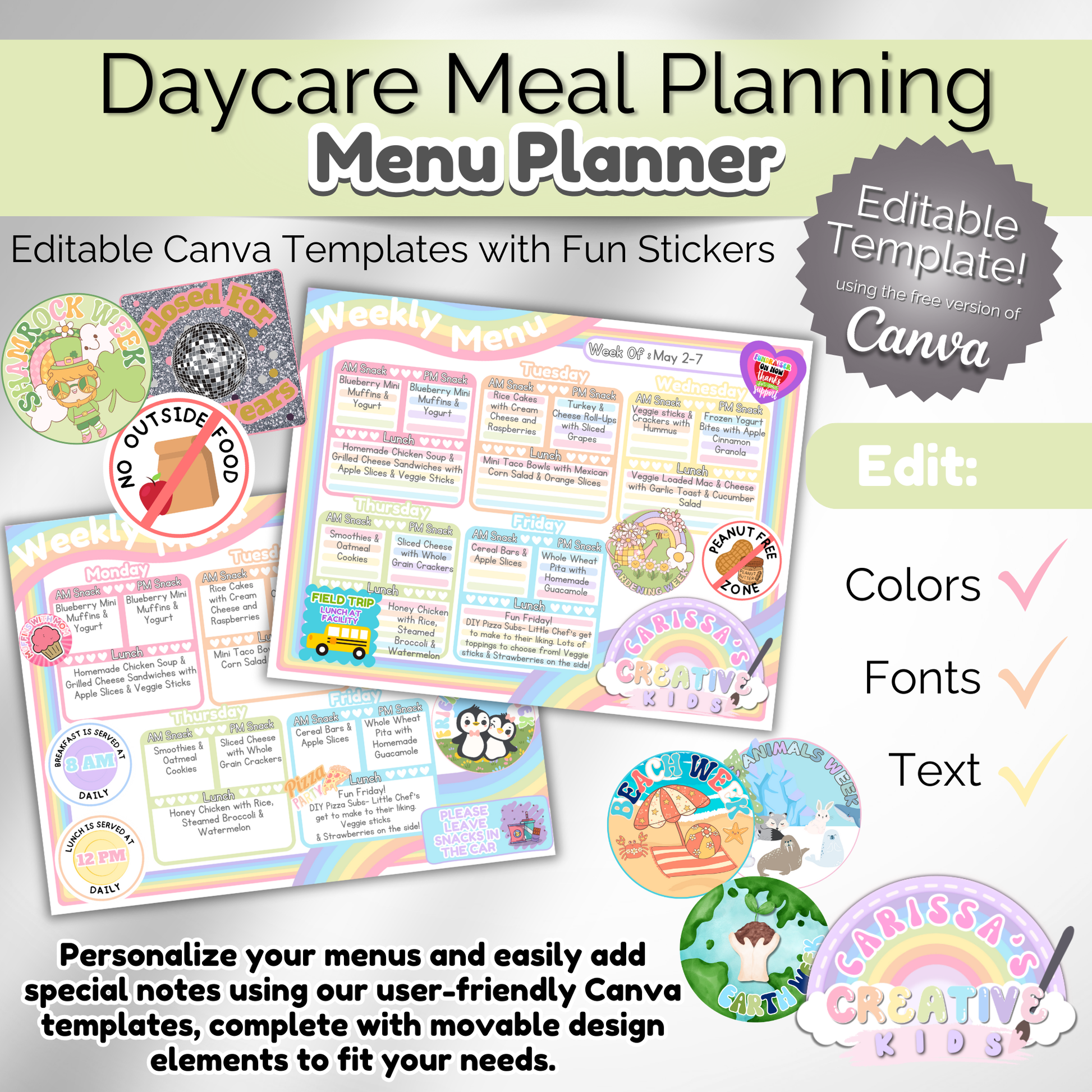Preschool meal plan printable to simplify daily scheduling. Ideal for childcare centers and in-home daycares.