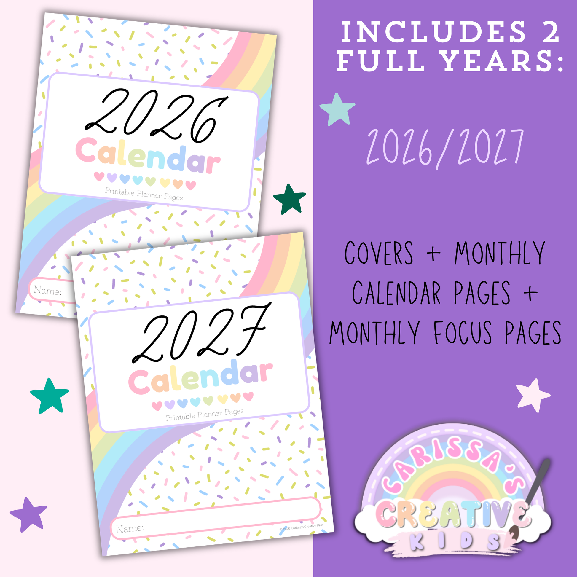 Confetti Rainbow printable teacher calendar covers showing both 2026 and 2027, highlighting two full years of monthly calendar pages and matching monthly focus planning pages for daycare, preschool, and classroom organization.