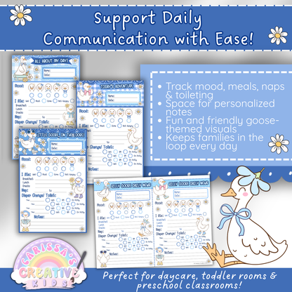 Feature preview of editable daily daycare report sheets for tracking meals, naps, mood, and toileting. Designed for infants, toddlers, and preschoolers with space for personalized notes and cheerful goose-themed graphics. Great for infant daily logs and childcare communication.