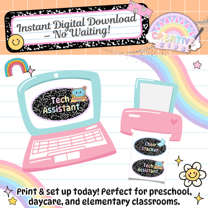 Instant digital download for your classroom jobs printable chart. Includes job cards like Tech Assistant and Chair Stacker. Print and use today—ideal for preschool, daycare, and elementary classrooms with pastel rainbow retro themes.