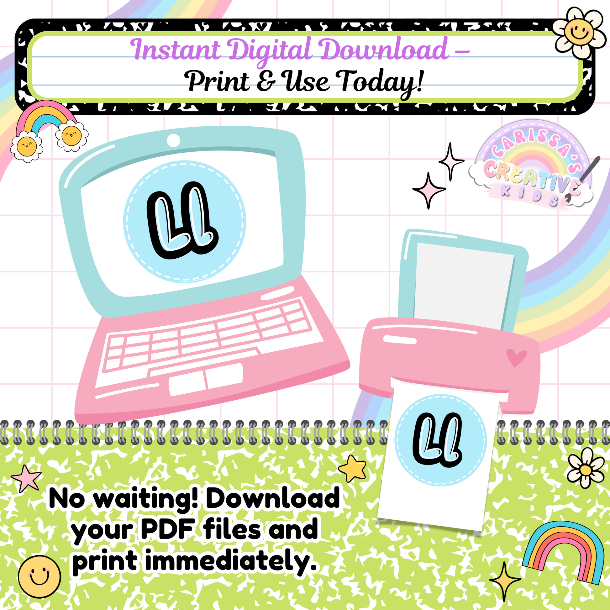 Instant digital download image showing how users can quickly access and print their Retro Rainbow Alphabet Posters. No waiting—printable PDF files are ready for immediate use in preschool classrooms, homeschool, or daycare wall displays.
