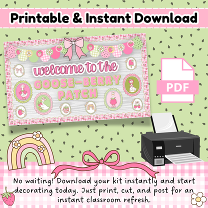 Printable and instant download Goose-Berry Patch bulletin board kit featuring a pastel classroom design with rainbows, bows, strawberries, and PDF print icon. Perfect for teachers who want quick setup—just download, print, cut, and display in minutes.