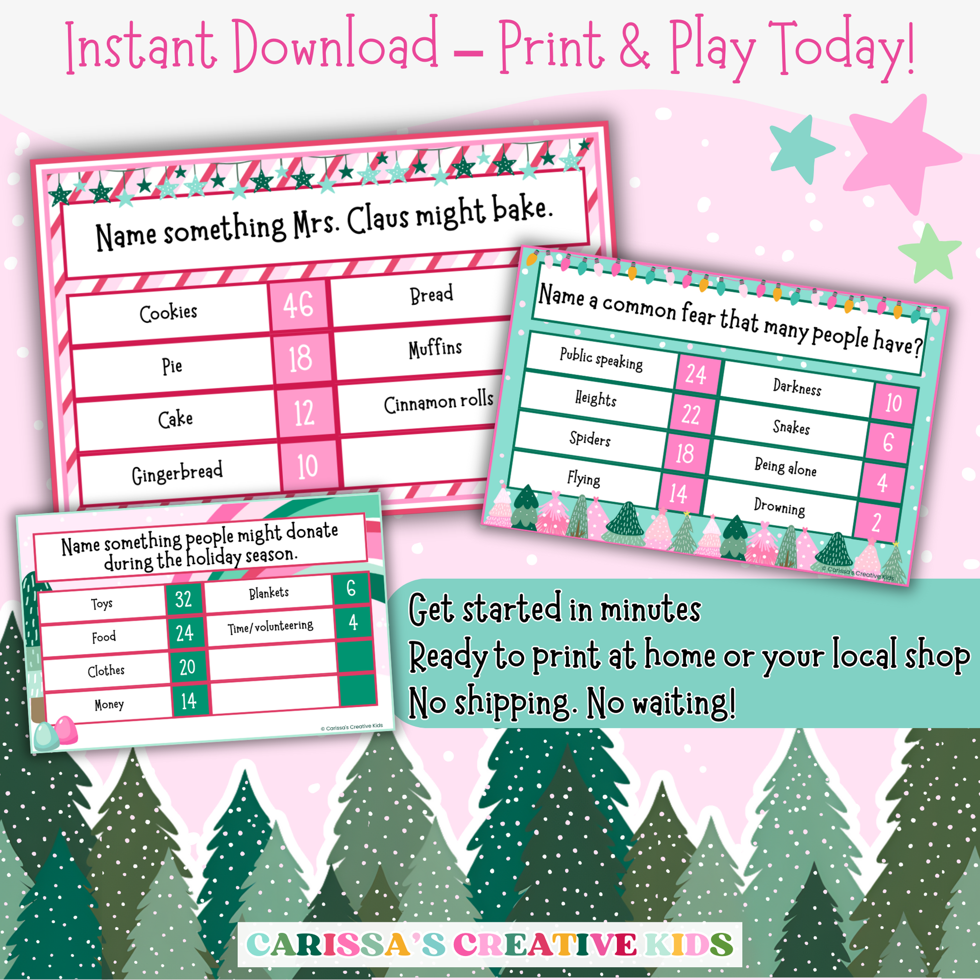 Christmas Feud game shown as an instant download with festive printable question cards. Includes trivia like “Name something Mrs. Claus might bake.” Easy to print at home or a local shop—no shipping required, ready to play in minutes.