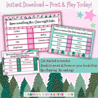 Christmas Feud game shown as an instant download with festive printable question cards. Includes trivia like “Name something Mrs. Claus might bake.” Easy to print at home or a local shop—no shipping required, ready to play in minutes.