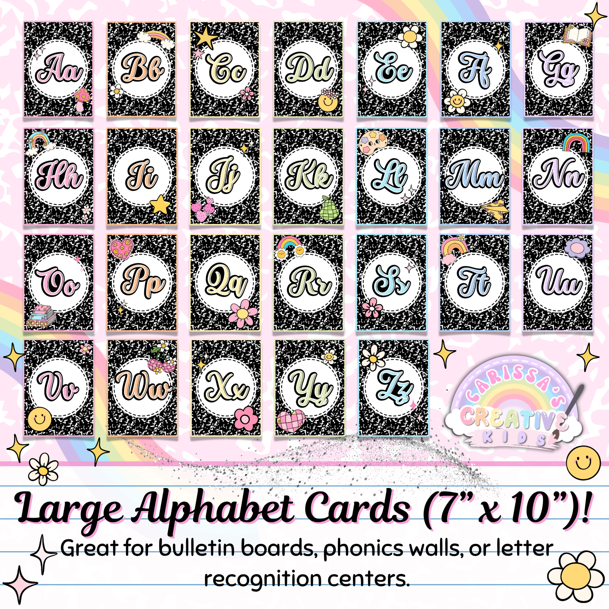 Full A–Z set of large 7" x 10" alphabet posters with cursive-style letters and pastel illustrations. Perfect for classroom bulletin boards, letter recognition centers, phonics instruction, or preschool and homeschool wall displays.