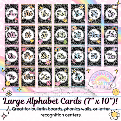 Full A–Z set of large 7" x 10" alphabet posters with cursive-style letters and pastel illustrations. Perfect for classroom bulletin boards, letter recognition centers, phonics instruction, or preschool and homeschool wall displays.