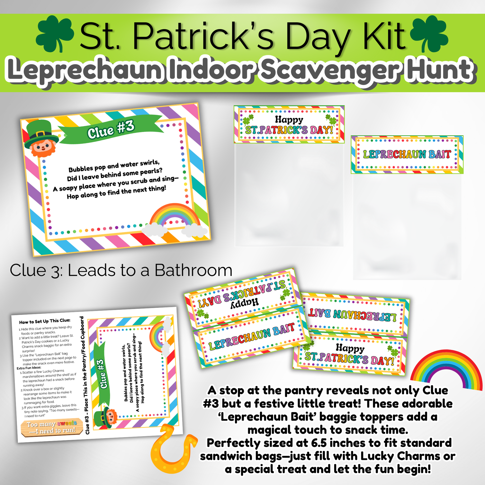  Printable 'Leprechaun Bait' bag toppers, sized to fit 6.5” sandwich bags. Fill with Lucky Charms or candy for a fun treasure hunt treat.