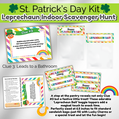  Printable 'Leprechaun Bait' bag toppers, sized to fit 6.5” sandwich bags. Fill with Lucky Charms or candy for a fun treasure hunt treat.