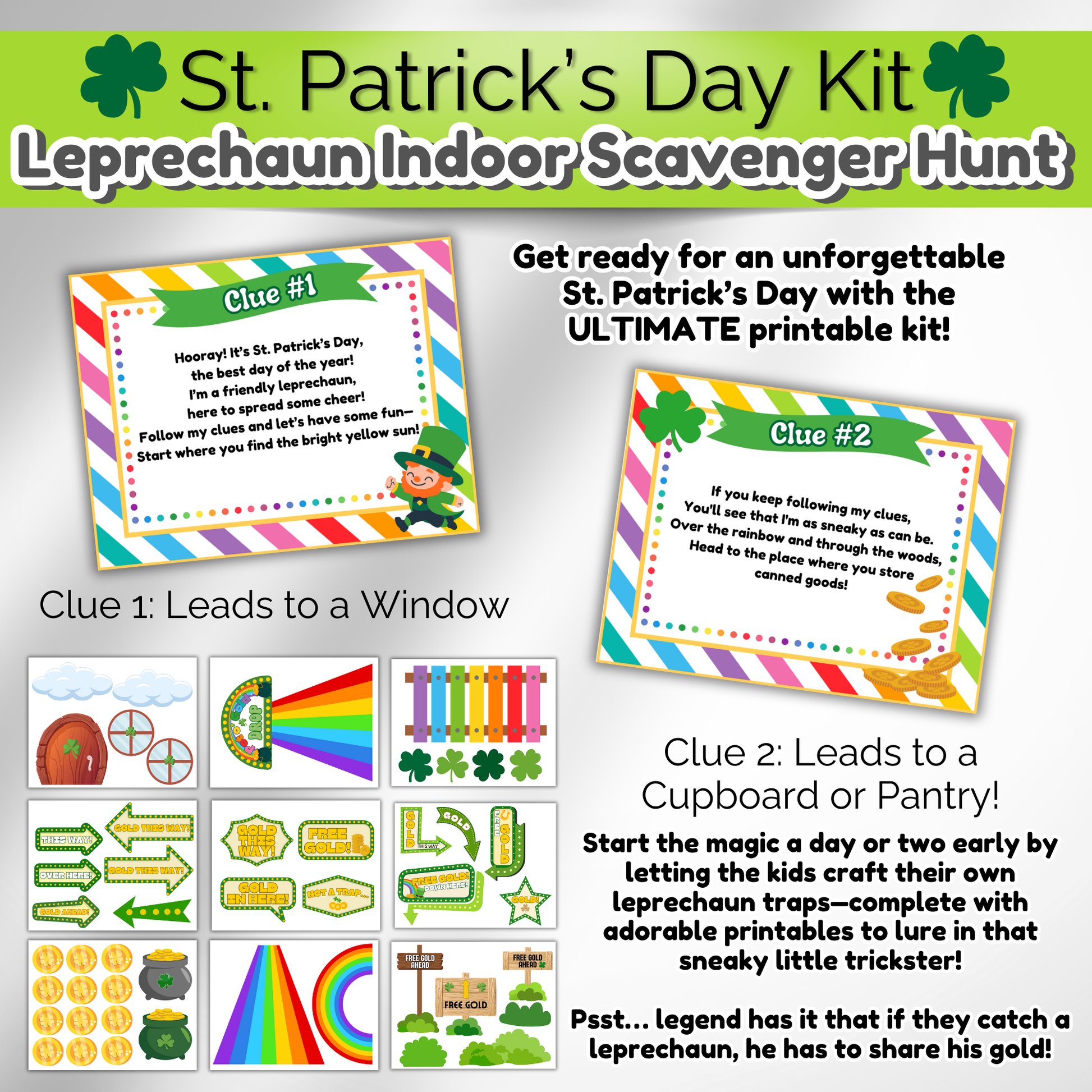 Fun printable leprechaun trap printables for kids to create ahead of the St. Patrick’s Day scavenger hunt. Great for home or classroom parties.