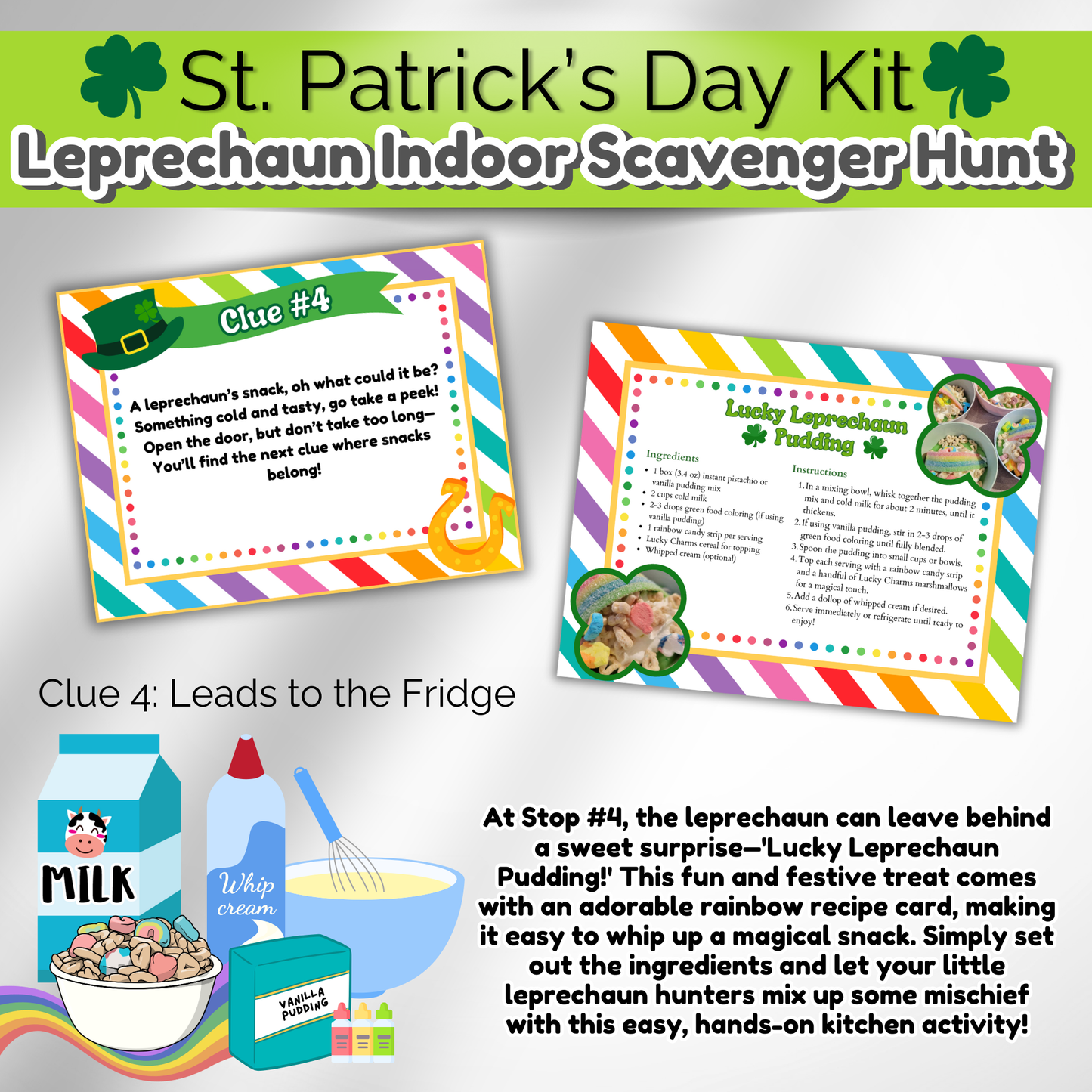 St. Patrick's Day rainbow pudding recipe card for kids. Printable treat idea included in the scavenger hunt kit. Easy and fun!