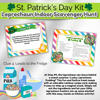 St. Patrick's Day rainbow pudding recipe card for kids. Printable treat idea included in the scavenger hunt kit. Easy and fun!