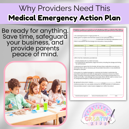 Written Consent for Medication Administration form preview from the daycare emergency plan bundle, shown with a photo of a preschool teacher and children doing hands-on activities—emphasizing safety, preparedness, and peace of mind.