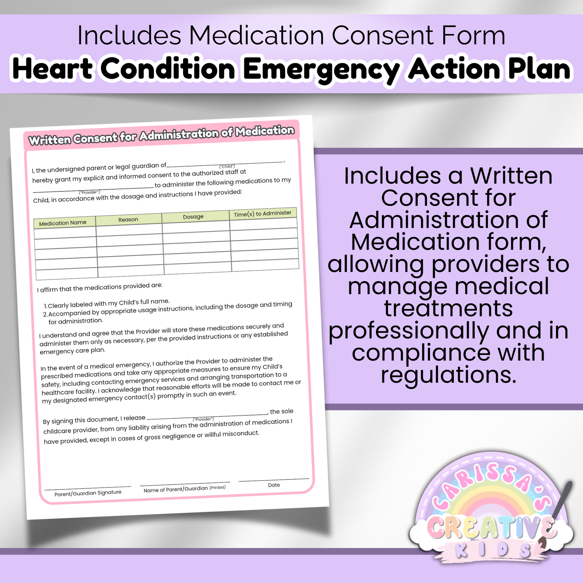Editable medication consent form included in the Heart Condition Emergency Action Plan for daycares, helping providers meet safety and regulatory standards.