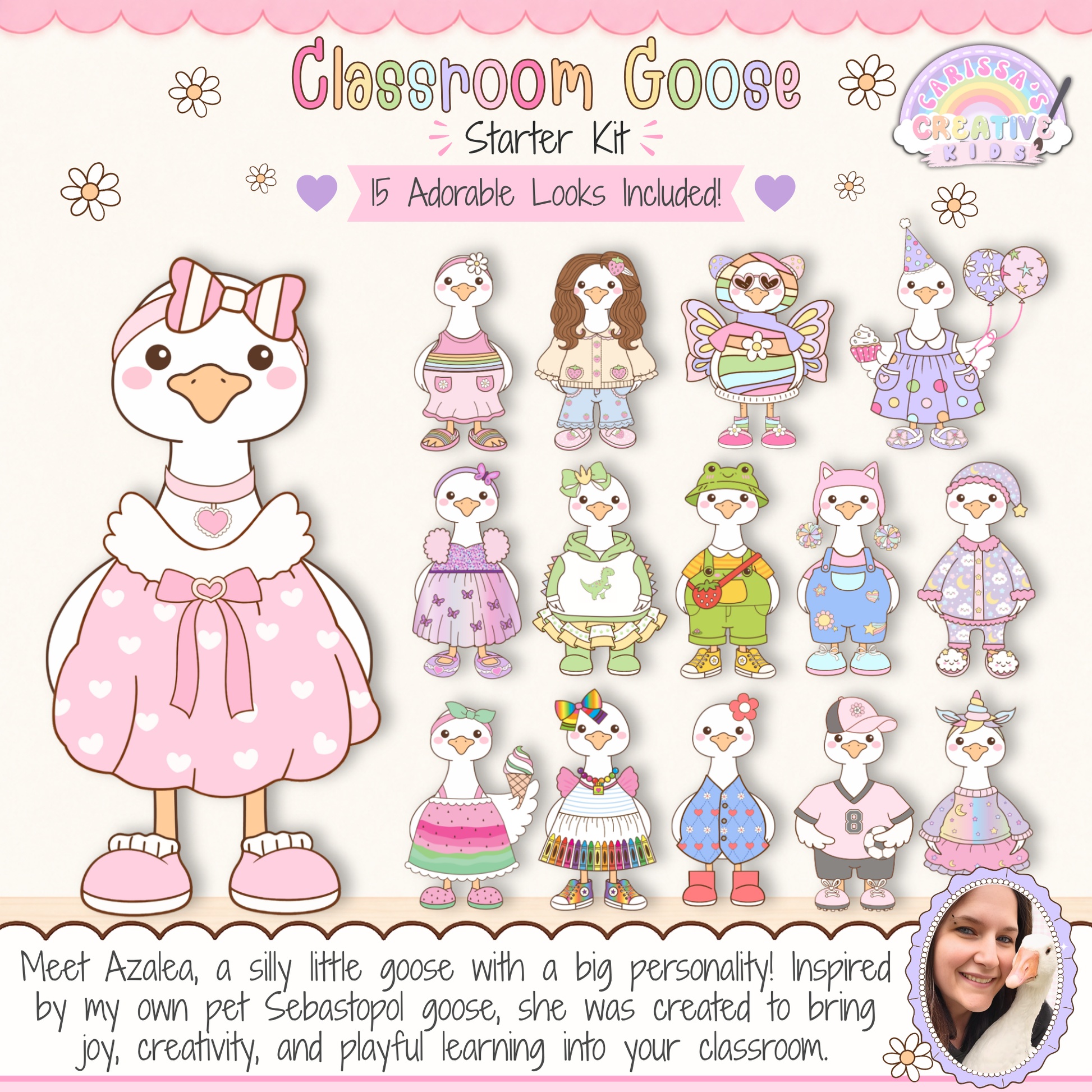 Meet Azalea, a printable Classroom Goose starter kit inspired by a real pet goose, designed for classroom decor, kindergarten displays, elementary decor, speech therapy rooms, playroom decor, classroom posters, desk goose setups, and bulletin board kit displays.