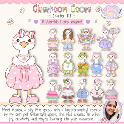 Meet Azalea, a printable Classroom Goose starter kit inspired by a real pet goose, designed for classroom decor, kindergarten displays, elementary decor, speech therapy rooms, playroom decor, classroom posters, desk goose setups, and bulletin board kit displays.