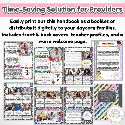 Sample pages showing Meet the team and meet your daycare teacher pages included in parent handbook