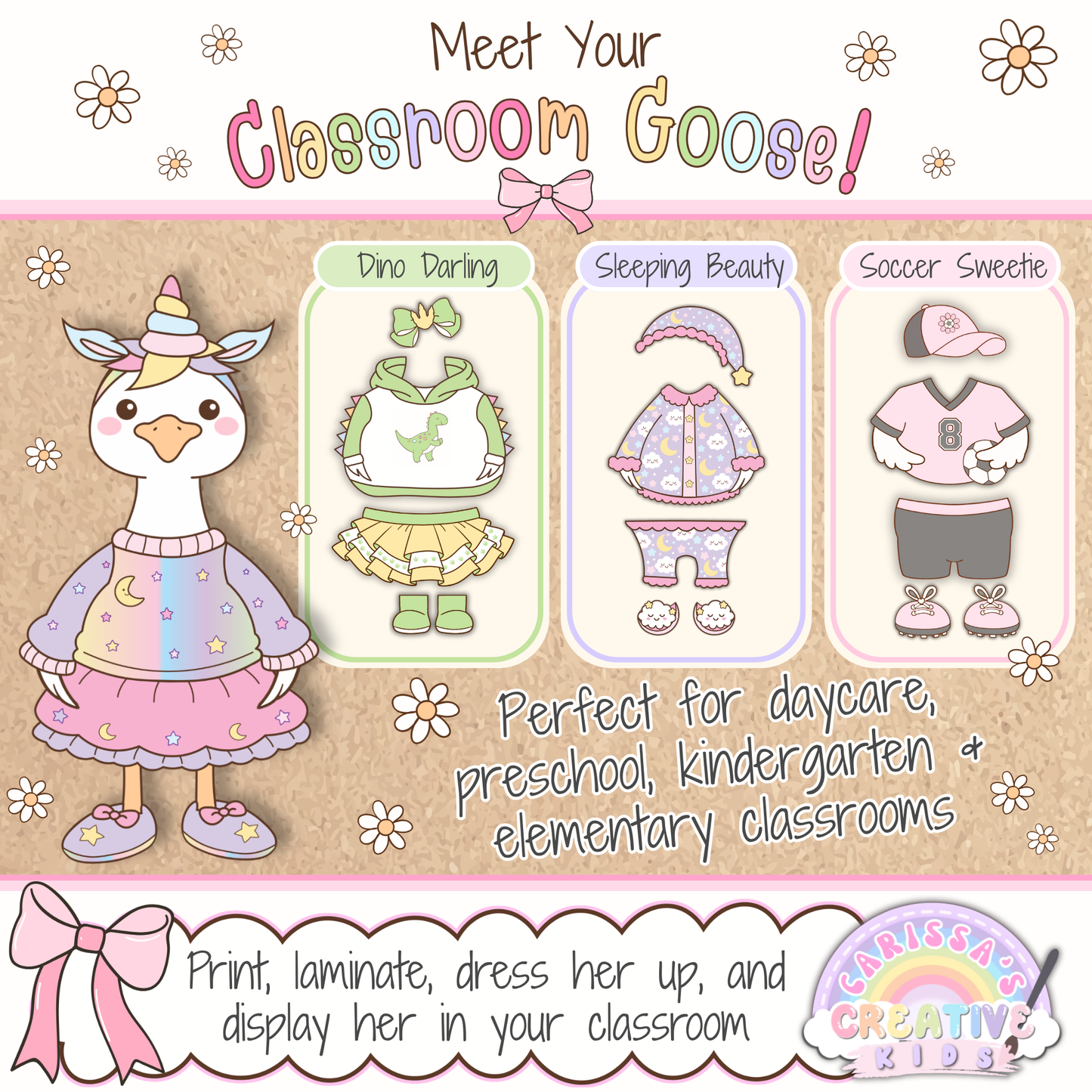 Meet the printable Classroom Goose, a porch goose-inspired classroom decor mascot with cute outfit options for daycare, preschool, kindergarten, elementary decor, speech therapy rooms, bulletin board kits, classroom posters, playroom decor, and back to school displays.