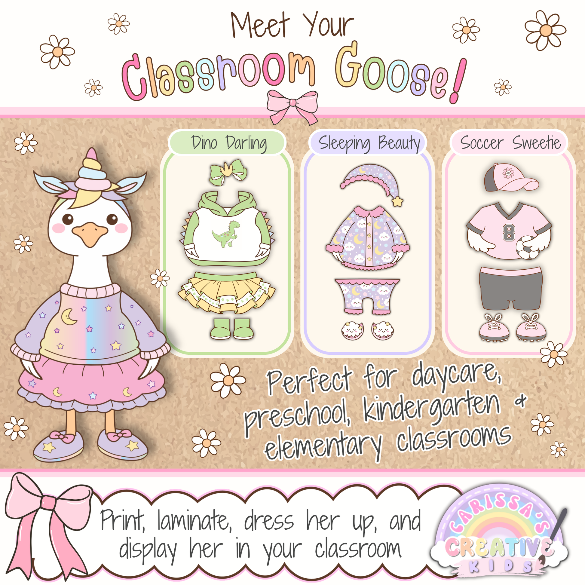 Meet the printable Classroom Goose, a porch goose-inspired classroom decor mascot with cute outfit options for daycare, preschool, kindergarten, elementary decor, speech therapy rooms, bulletin board kits, classroom posters, playroom decor, and back to school displays.