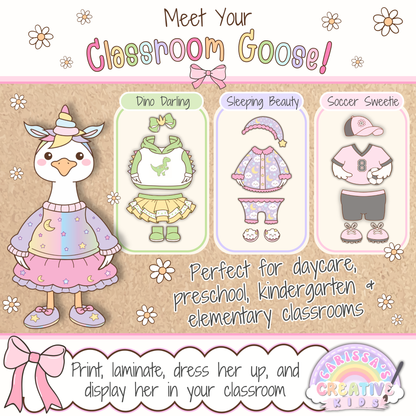 Meet the printable Classroom Goose, a porch goose-inspired classroom decor mascot with cute outfit options for daycare, preschool, kindergarten, elementary decor, speech therapy rooms, bulletin board kits, classroom posters, playroom decor, and back to school displays.