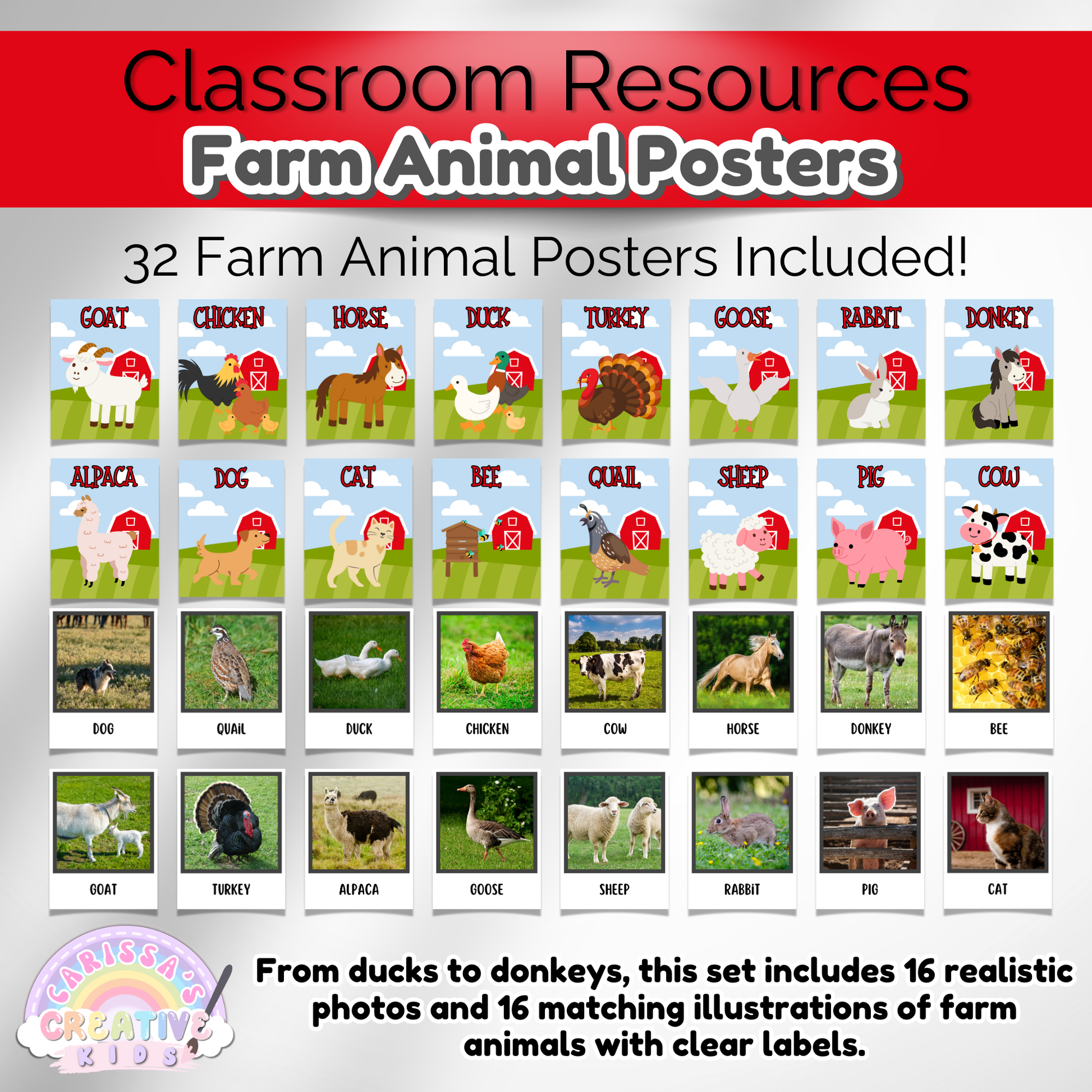 Farm animals classroom posters designed for preschool and Montessori learning.