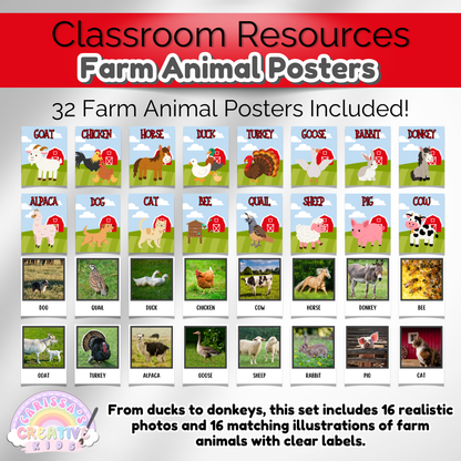 Farm animals classroom posters designed for preschool and Montessori learning.