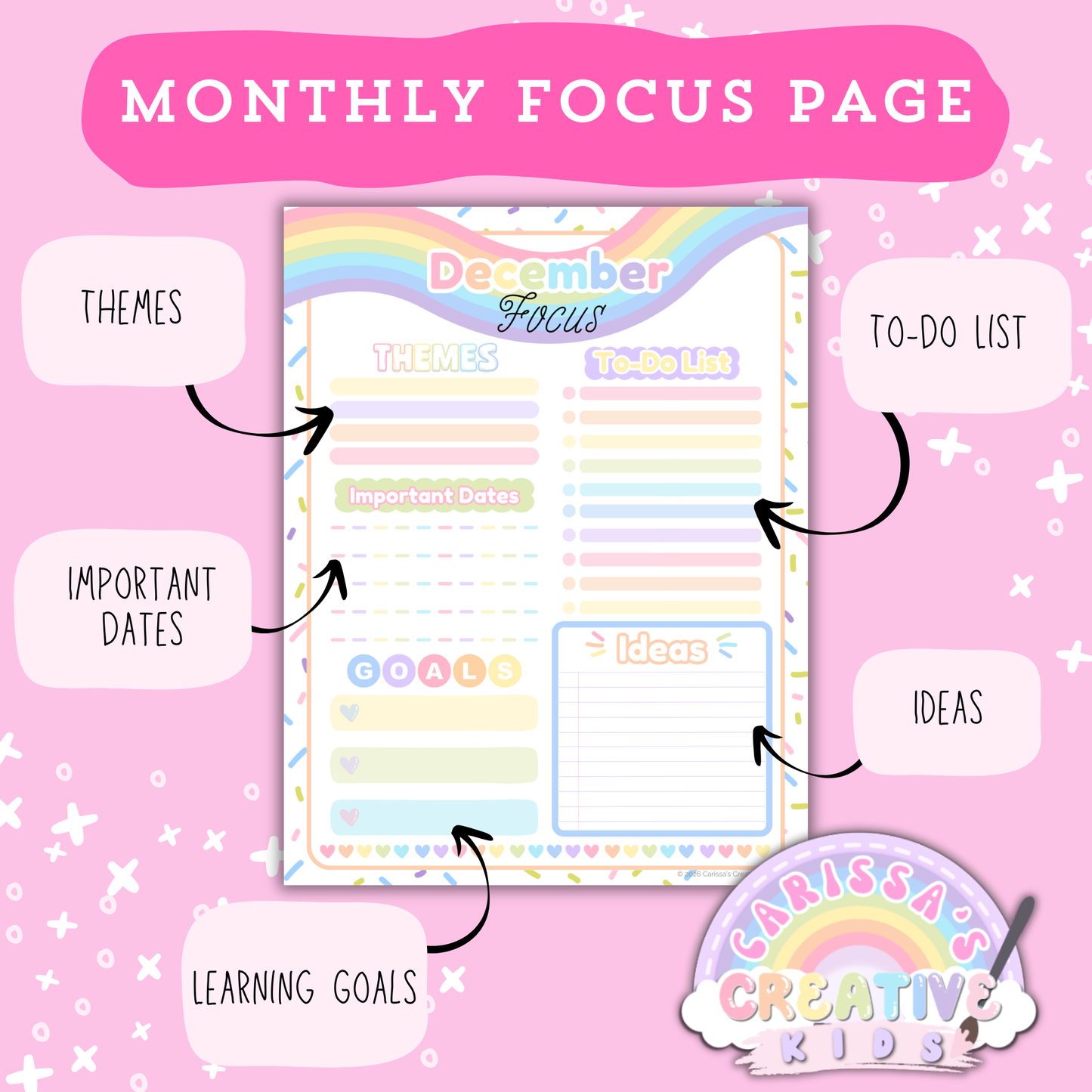 Confetti Rainbow monthly focus planning page for the 2026–2027 printable teacher calendar, featuring sections for themes, to-do list, important dates, goals, and ideas for preschool and daycare planning (US Letter).