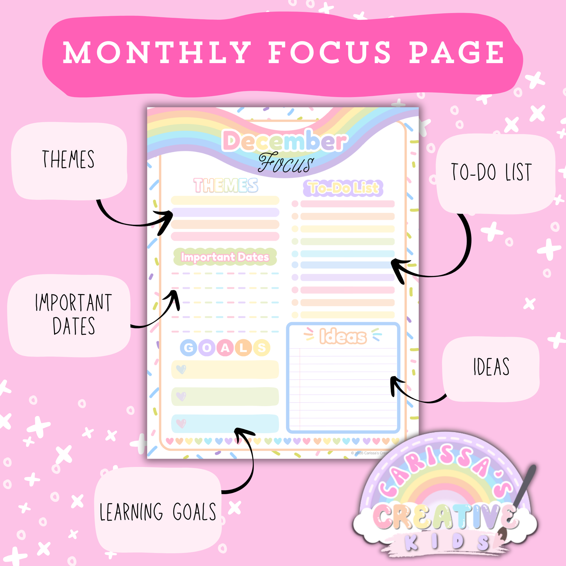 Confetti Rainbow monthly focus planning page for the 2026–2027 printable teacher calendar, featuring sections for themes, to-do list, important dates, goals, and ideas for preschool and daycare planning (US Letter).