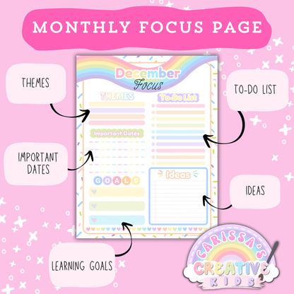 Confetti Rainbow monthly focus planning page for the 2026–2027 printable teacher calendar, featuring sections for themes, to-do list, important dates, goals, and ideas for preschool and daycare planning (US Letter).