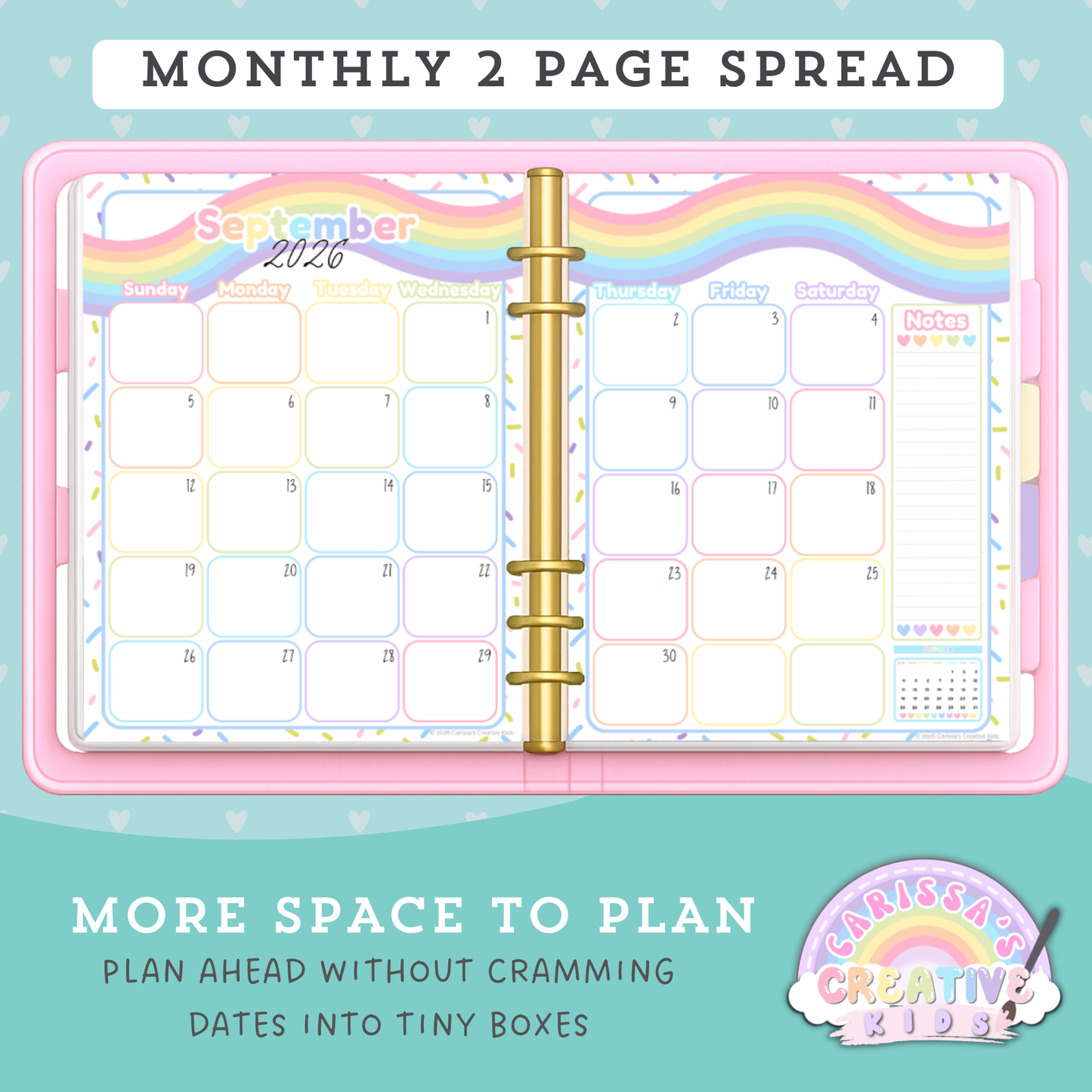 Monthly two-page spread preview of the Confetti Rainbow 2026–2027 printable teacher calendar, showing an extended monthly layout with larger planning space and a notes section for preschool, daycare, and classroom scheduling.