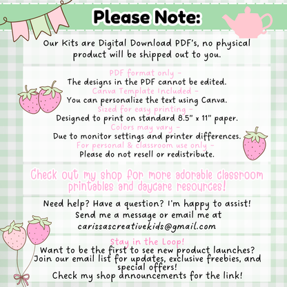 This image outlines the details of the Mother's Day DIY gift kit: it’s a digital download only, designed to print on 8.5” x 11” paper, with a Canva template included for personalization. The kit is for personal and classroom use in preschools, daycares, and early learning environments. No physical product will be shipped. Buyers are encouraged to reach out with questions or visit the shop for more Mother’s Day printables and preschool activities.