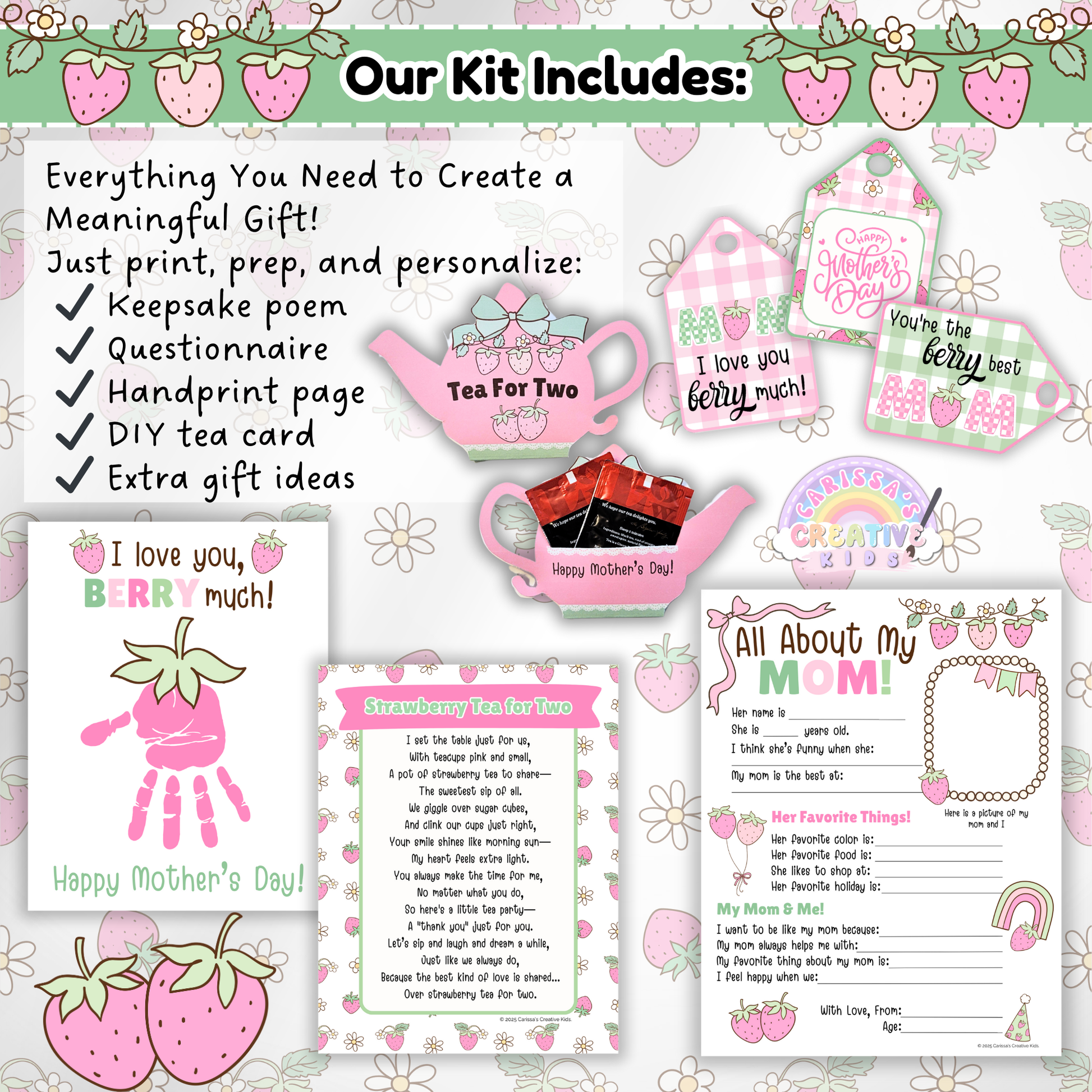 This printable Mother's Day DIY gift kit includes everything educators need to create a meaningful keepsake. Features a fill-in-the-blank poem, questionnaire, handprint craft, DIY tea bag card, and gift tags. Perfect for preschool, daycare, and kindergarten Mother’s Day crafts and classroom activities. Easy to print and prep, this project makes gifting personal and stress-free for teachers and caregivers.