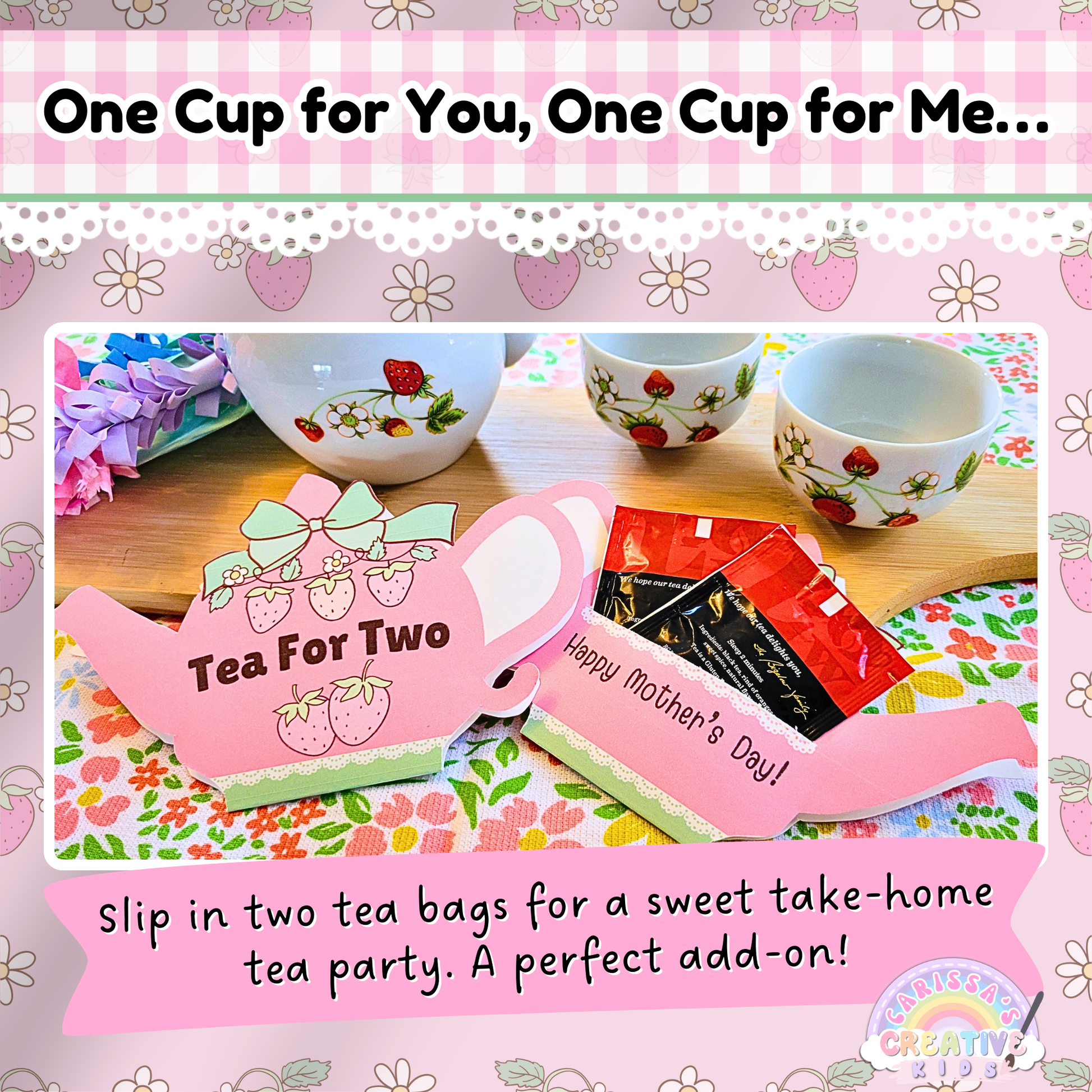 This printable tea bag card is part of a Mother’s Day DIY gift kit for preschool, kindergarten, or daycare. Shaped like a teapot, it holds two real tea bags for a sweet take-home tea party with mom. A fun, easy, and thoughtful activity for kids to create a keepsake gift. Perfect for teachers and childcare providers looking for simple, heartfelt Mother’s Day crafts that celebrate moms with love and creativity.