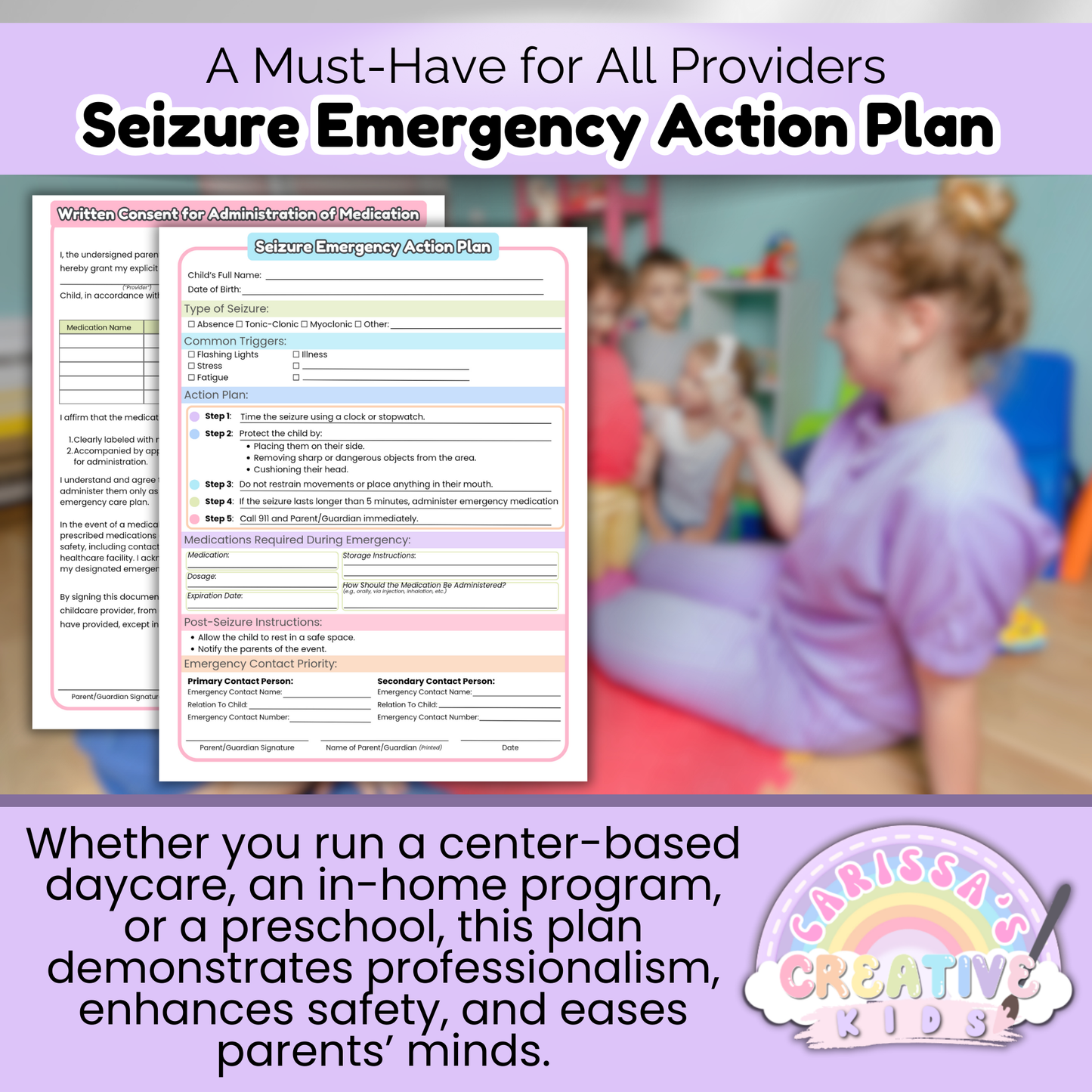 Essential seizure care plan for preschool or in-home daycare providers, offering organized emergency preparedness and building trust with families through professional documentation.