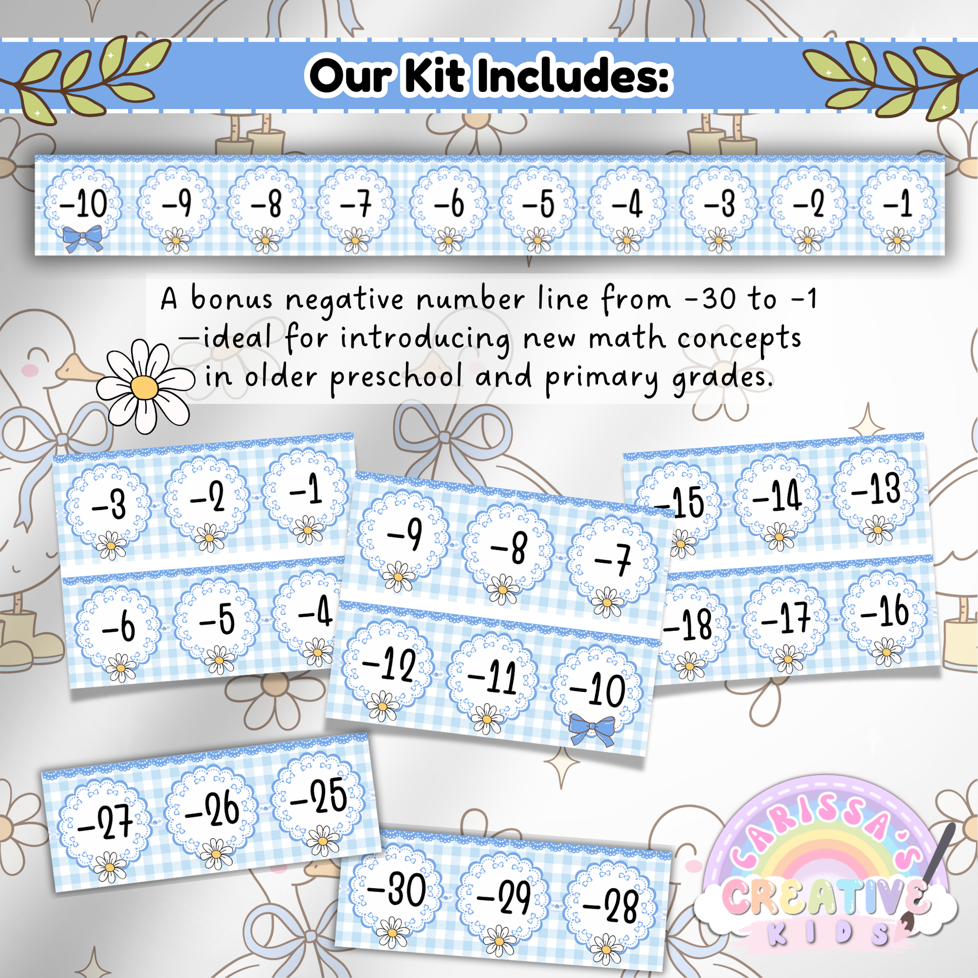 This photo highlights the bonus negative number line included in the Silly Goose Classroom Kit, featuring pastel gingham-style number cards from -30 to -1. Designed for visual learners, it supports number sense and early math concepts in preschool, kindergarten, and early primary grades. A gentle introduction to negative values with charming retro visuals and child-friendly formatting.