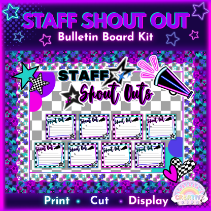 Neon Staff Shout Out Bulletin Board Kit with retro classroom decor, staff appreciation cards, bold star accents, and printable office wall decor for teachers, daycare, or human resources displays.