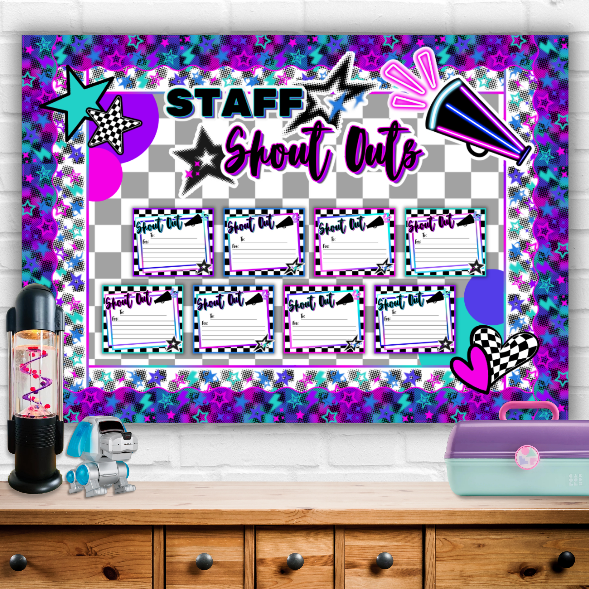 Neon Staff Shout Out Bulletin Board Kit displayed on a classroom wall with retro stars, staff appreciation cards, bold lettering, and printable office or teacher appreciation decor.