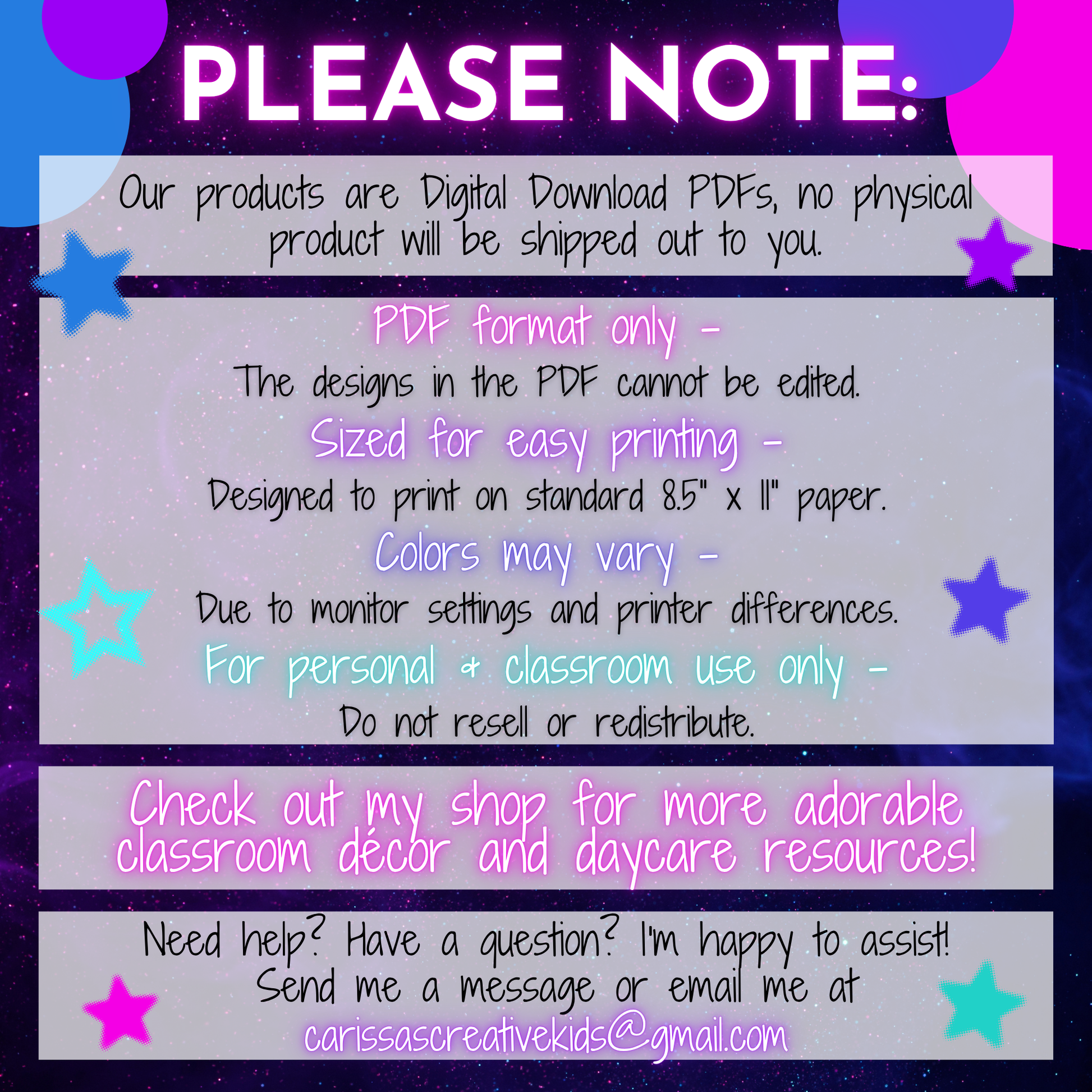 Please note information for Neon Staff Shout Out Bulletin Board Kit, including digital download PDF, non-editable printable classroom decor, US Letter printing, color disclaimer, and personal classroom use.