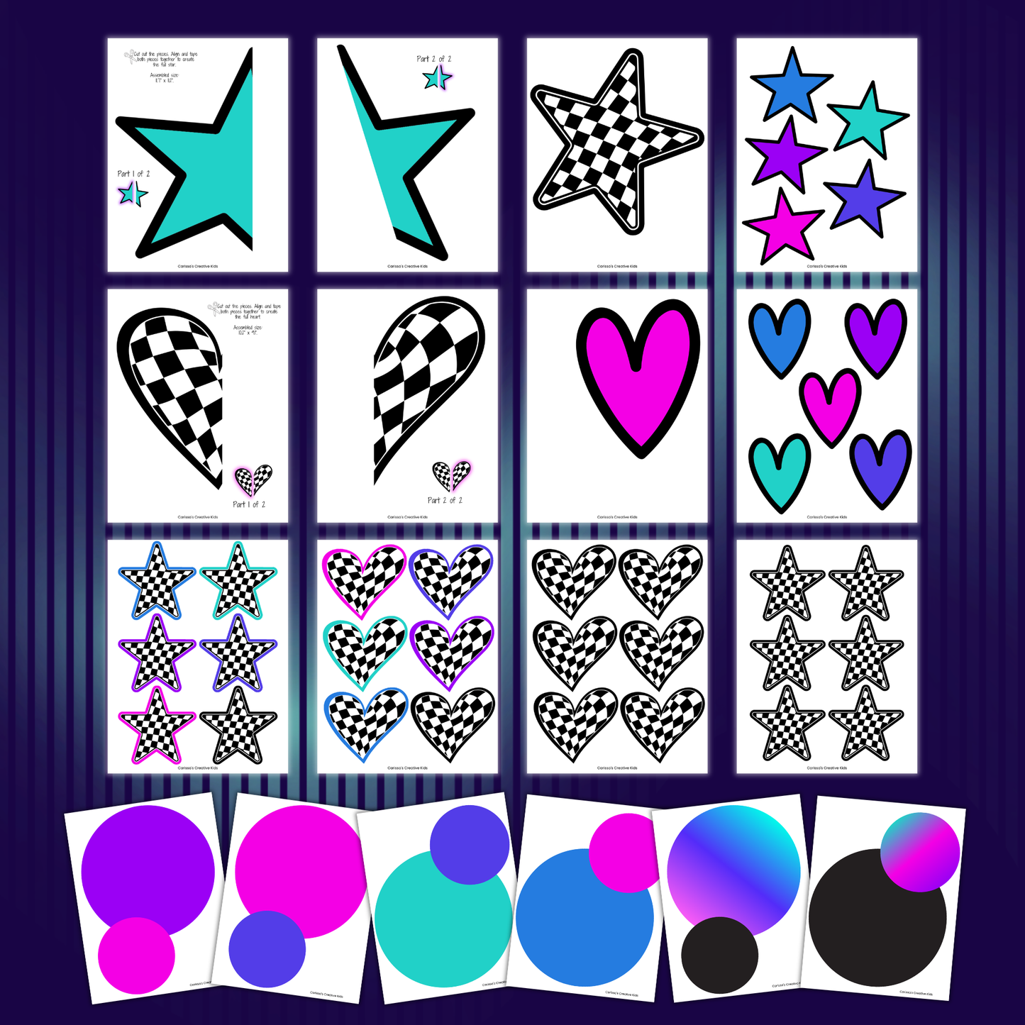 Neon Staff Shout Out Bulletin Board Kit with printable retro stars, checkerboard hearts, colorful heart accents, and bold circle decor for staff appreciation, classroom decor, office wall decor, daycare decor, or human resources displays.