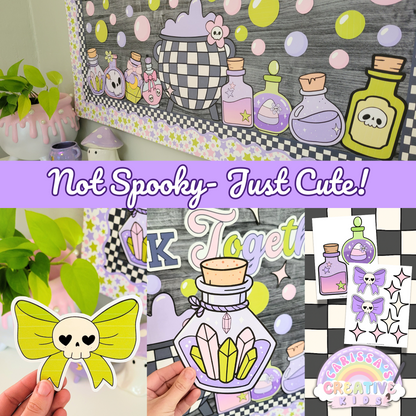 Close-up of pastel Halloween bulletin board pieces, including a yellow skull bow, crystal potion bottle, and printable classroom cutouts. A fun, not-spooky Halloween board perfect for pastel classrooms, fall bulletin boards, and door decor.