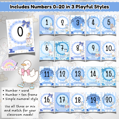Complete set of Silly Goose Number Posters from 0 to 20 in three styles: number with word, ten-frame version, and simple numeral design for preschool or daycare math displays.