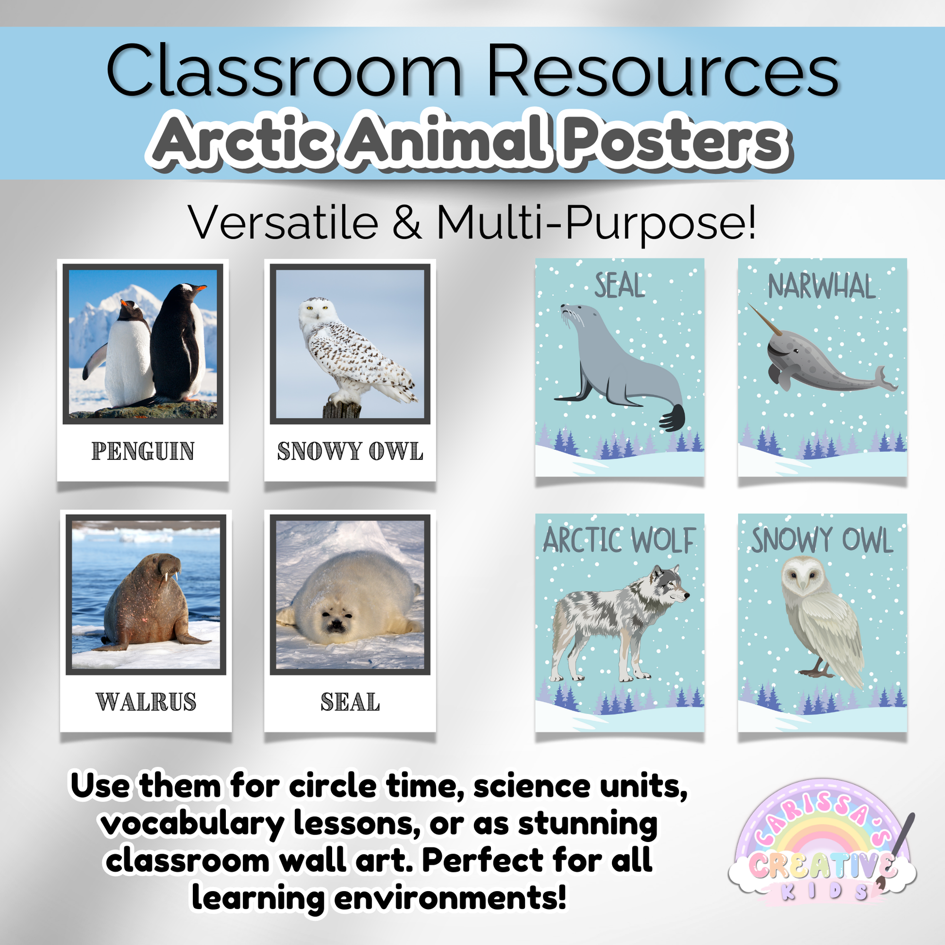 Nursery wall decor with Arctic animals. Aesthetic and educational posters for early childhood learning.