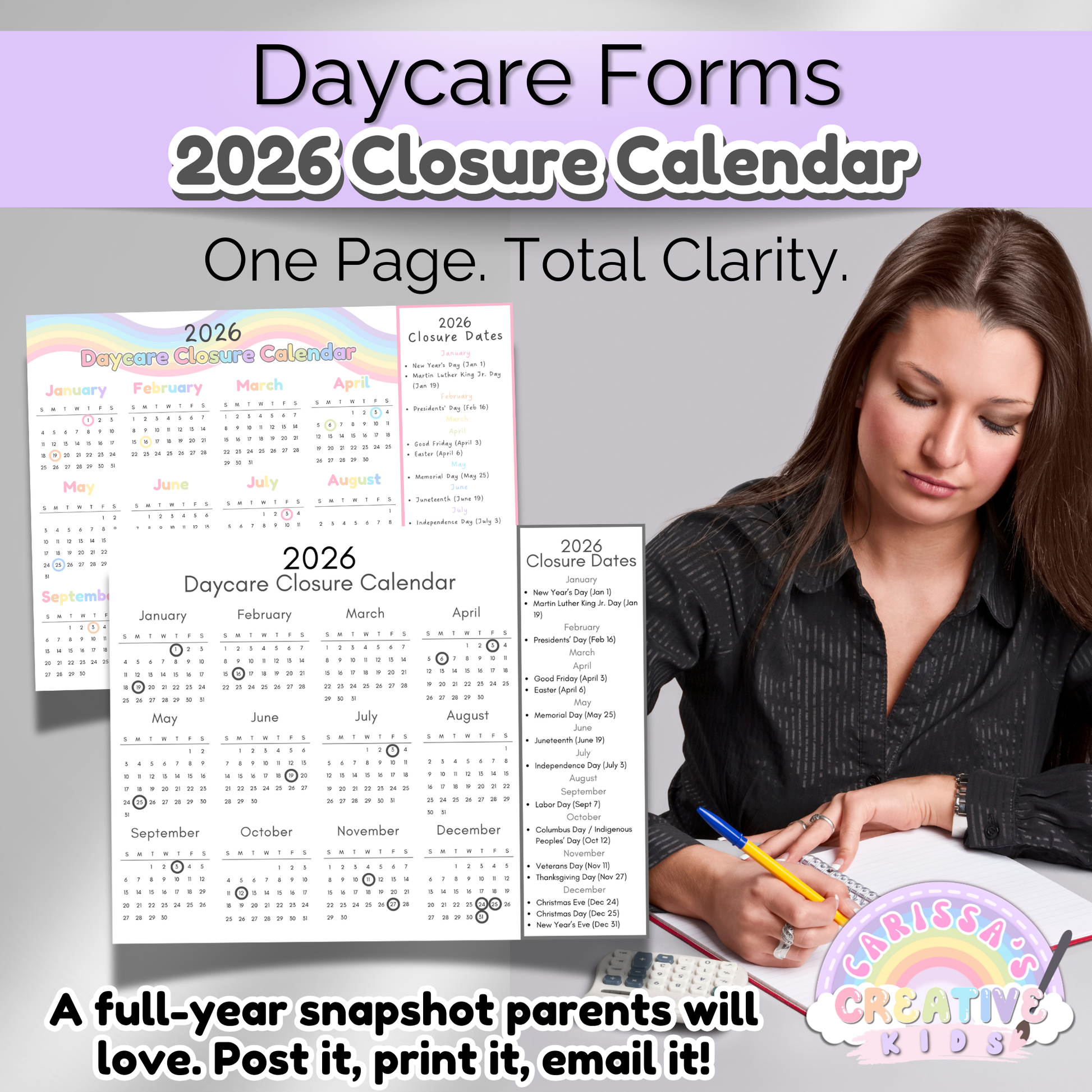 Editable one-page 2026 daycare closure calendar with rainbow and black-and-white options. Preschool teacher reviewing calendar designed to clearly share holiday closures with families. Easy to post, print, or email for infant room and preschool communication.