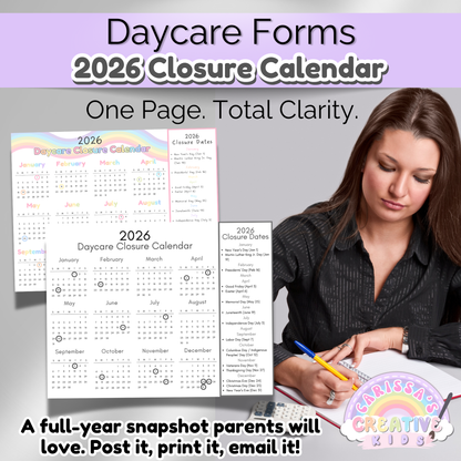 Editable one-page 2026 daycare closure calendar with rainbow and black-and-white options. Preschool teacher reviewing calendar designed to clearly share holiday closures with families. Easy to post, print, or email for infant room and preschool communication.