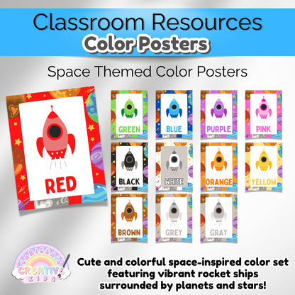 Printable space theme classroom decor with color posters for an engaging and educational learning environment.
