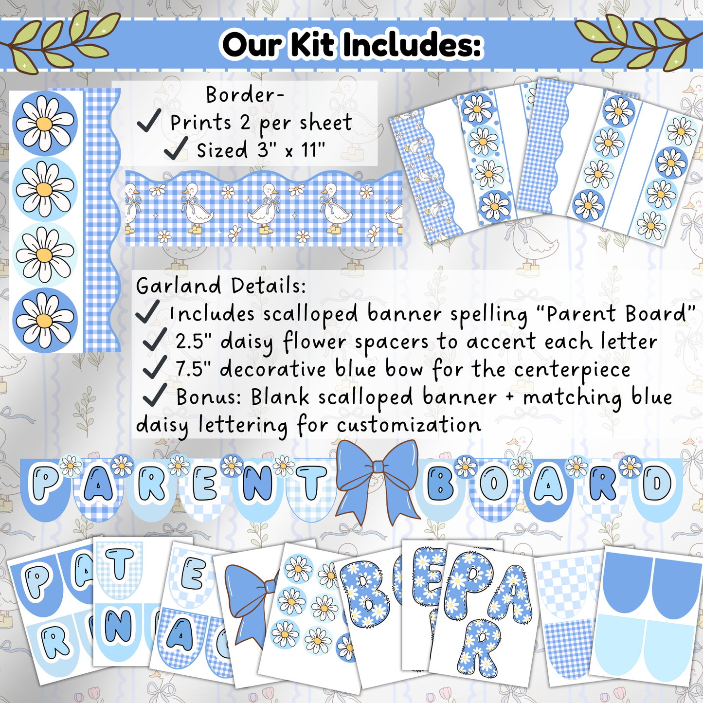 Close-up of scalloped 'Parent Board' banner with blue daisy lettering, 2.5-inch daisy flower spacers, and a 7.5-inch decorative bow, all in a vintage-inspired style.