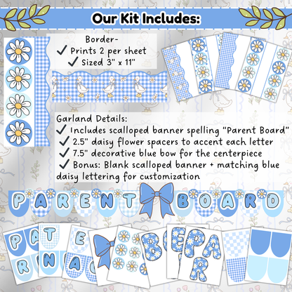 Close-up of scalloped 'Parent Board' banner with blue daisy lettering, 2.5-inch daisy flower spacers, and a 7.5-inch decorative bow, all in a vintage-inspired style.