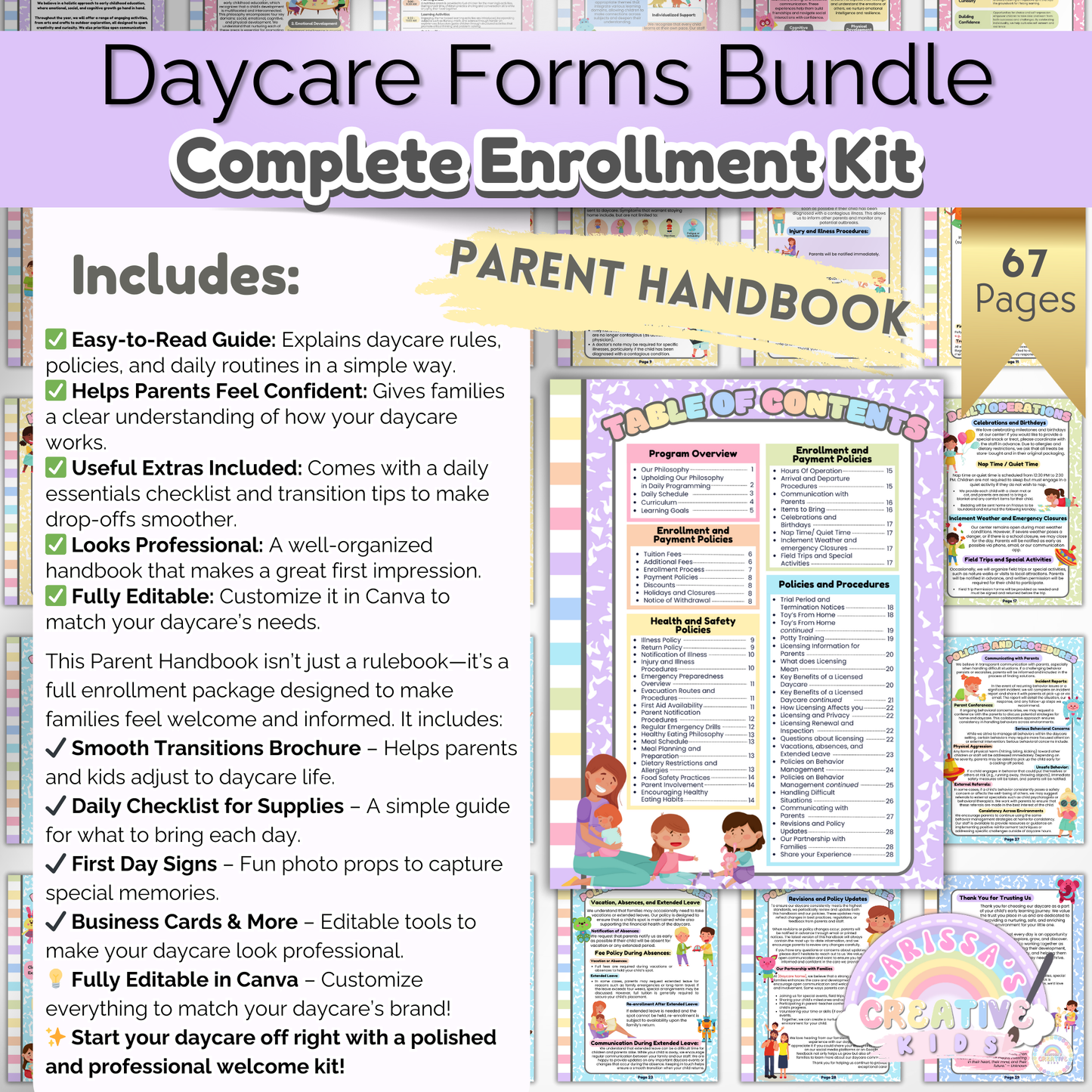 Parent handbook outlining daycare policies, procedures, and expectations. Includes editable templates.