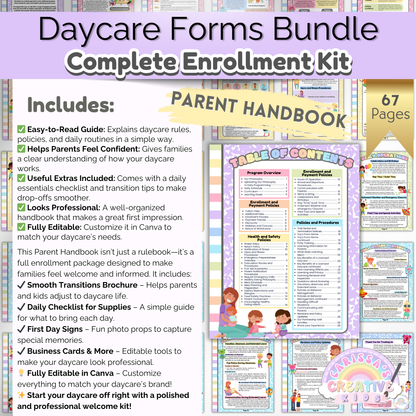 Parent handbook outlining daycare policies, procedures, and expectations. Includes editable templates.