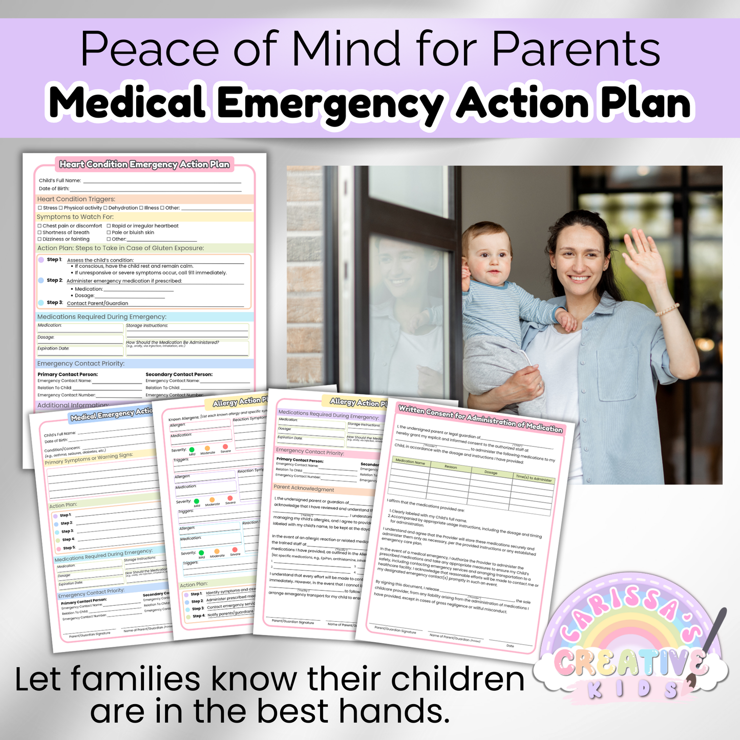 Medical emergency forms preview including heart condition, allergy, and medication consent plans—shown with a smiling parent and child to emphasize peace of mind, trust, and professional care in daycare settings.